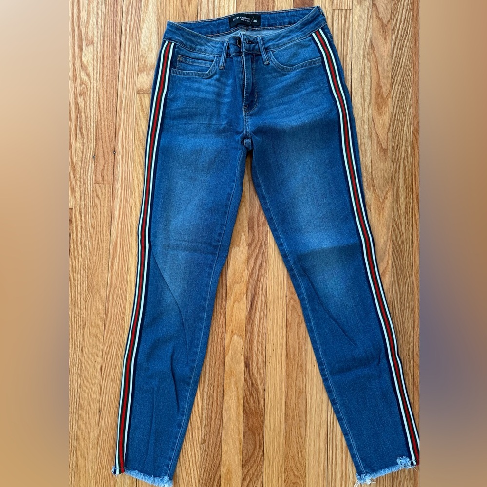 JBD Just Black Denim Jeans w/Red, Green, & White Striped Detail w/Frayed Hem
